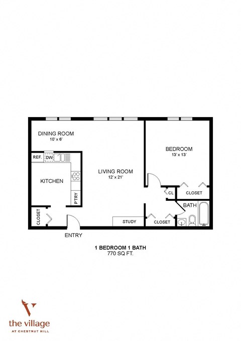 1 Bedroom 1 Bath Floor Plan at Chestnut Hill Village, Philadelphia, PA